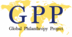 Small Global Philanthropy Project logo, which shows GPP's name in blue text overlaid in front of a yellow icon of a global map.