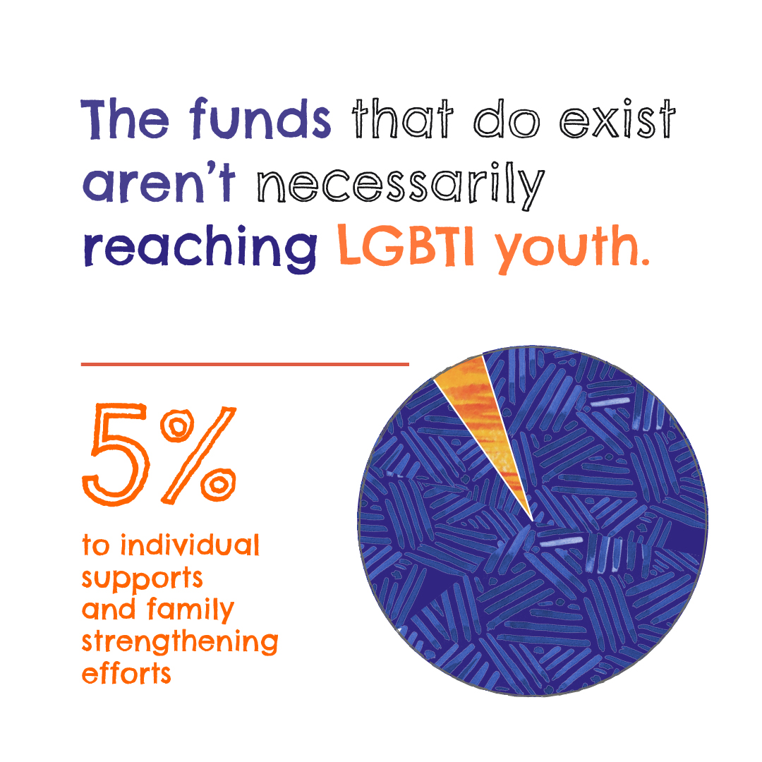 The funds that do exist aren't necessarily reaching LGBTI Youth. Only 5% goes to individual supports and strengthening family efforts.