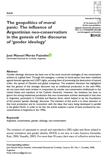 The Geopolitics of Moral Panic: The influence of Argentinian Neo-conservatism in the Genesis of the Discourse of ‘Gender Ideology